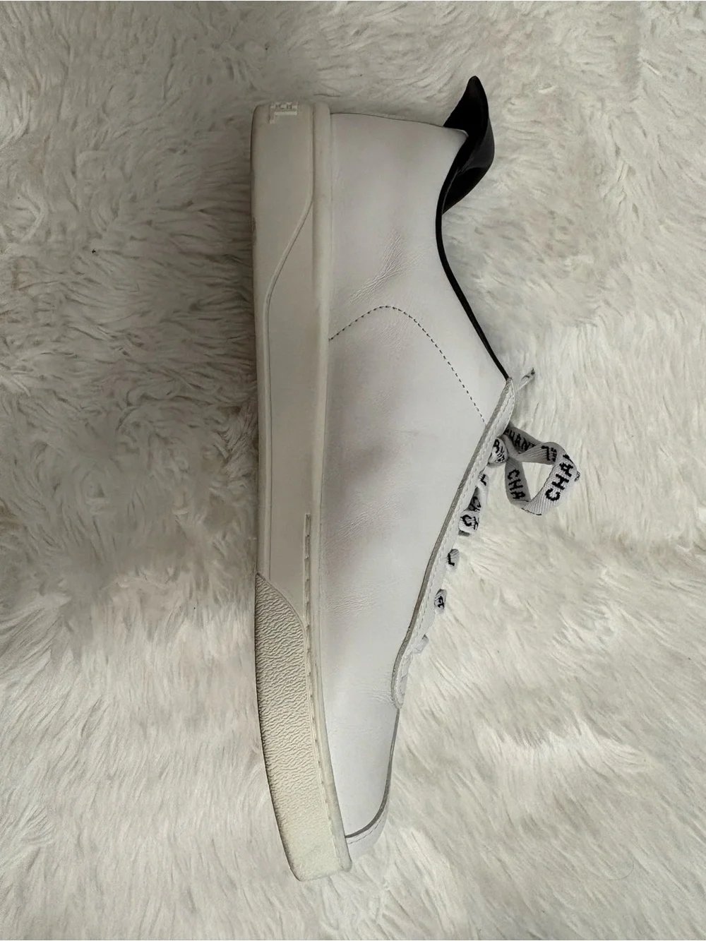 CHANEL White and Black Logo Lace-Up Sneakers